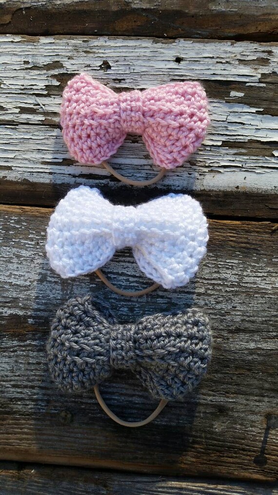 Custom Set of 3 Crocheted Large Bow Nylon Headbands by TheTealOpal