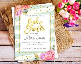 peach and mint baby shower invitation, mint baby shower invitation, floral baby shower invite, peach mint and gold stripes baby shower