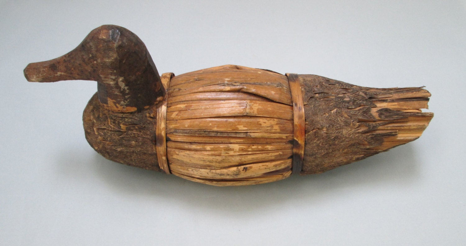 Antique Native American Duck Decoy Hand Carved Wood and Reeds