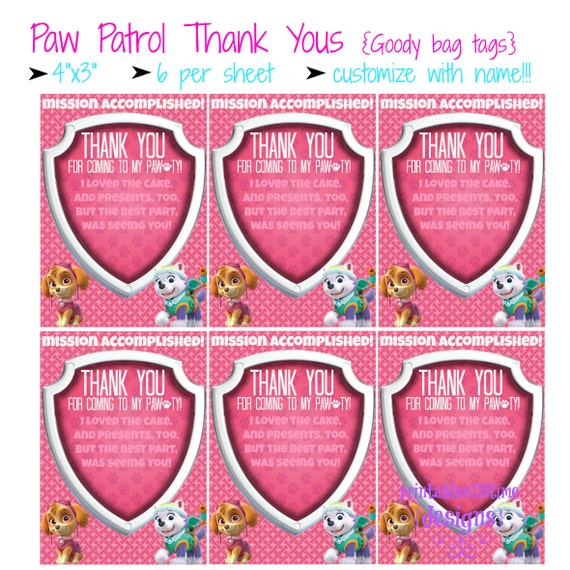 Paw Patrol Girl Thank You Paw Patrol Favor By PrintablesINTime