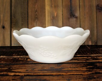 Vintage milk glass serving bowl, scalloped, grape and leaf pattern