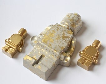 set of 3 concrete metallic gold leafed lego magnets/large and small life size lego toys/neodymium magnets/golden home accents/concrete decor