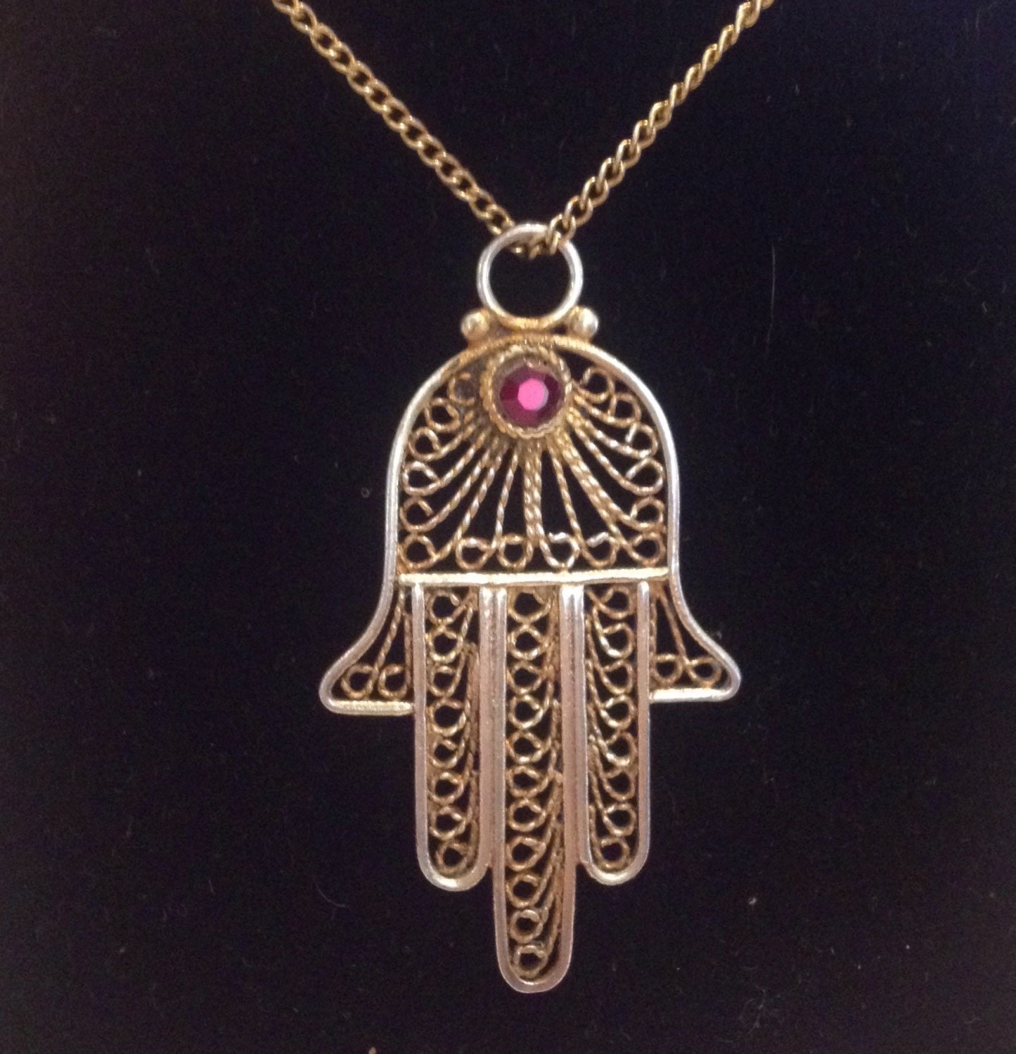 Vintage Sterling Vermeil Hamsa hand of God Evil Eye Pendant