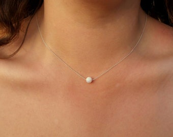 Opal necklace / Charm necklace / Gold, Sterling silver chain / Tiny One 5mm White - Blue Opal / Gift for her / Delicate necklace