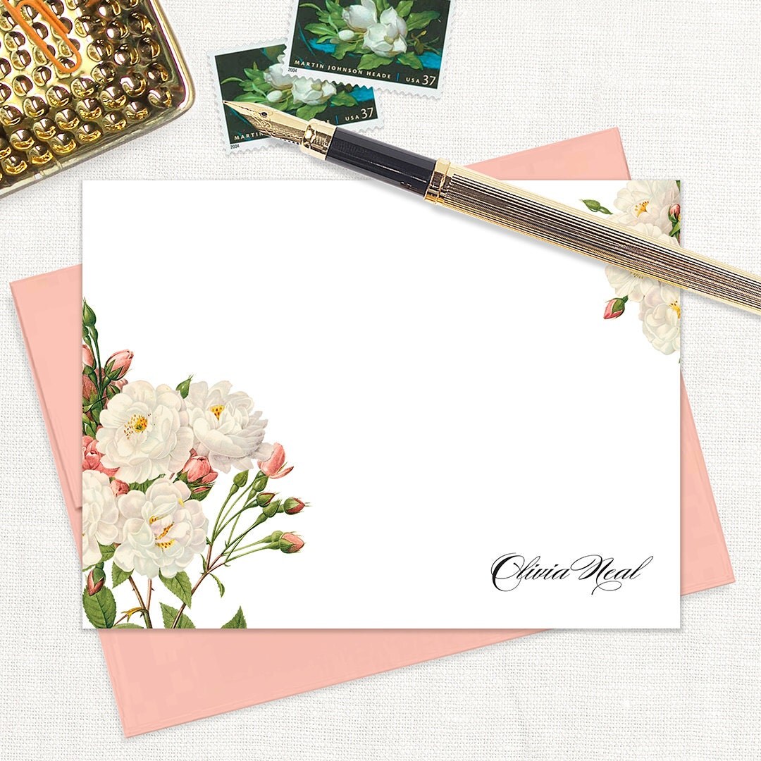 personalized flat note cards - WHITE and CORAL wild ROSES - set of 12 cards - stationery - stationary - botanical - floral - flowers