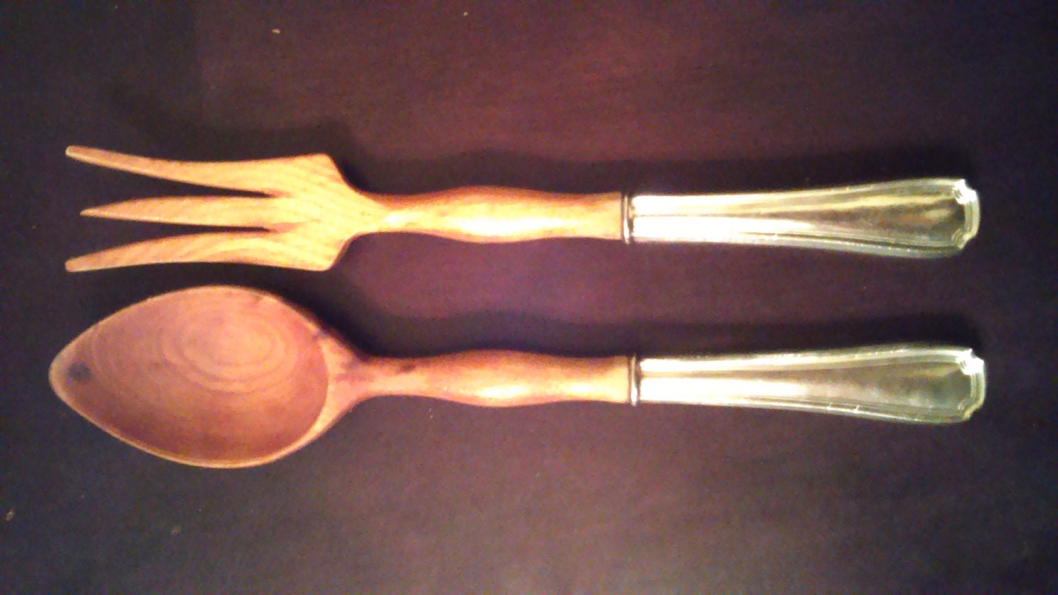 Vintage Sterling Silver Handle Wooden Salad Serving Fork and Spoon Set