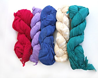5 yards sari silk ribbon, solid color blue ivory green purple red recycled sari sibbon, fabric yarn bulky chunky craft yarn