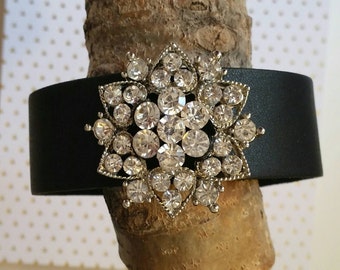 Leather cuff bracelet with crystal brooch. Embellished cuff,skinny leather bracelet, Women's leather cuff, one inch wide leather band