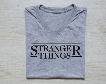 Stranger things tee v-neck shirt t-shirt adult unisex soft tri-blend mens womens Stranger things tv show heather light gray
