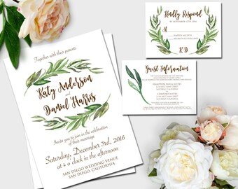 Watercolor Laurel Wreath WEDDING INVITATION SET | Boho Wedding Invitation Set