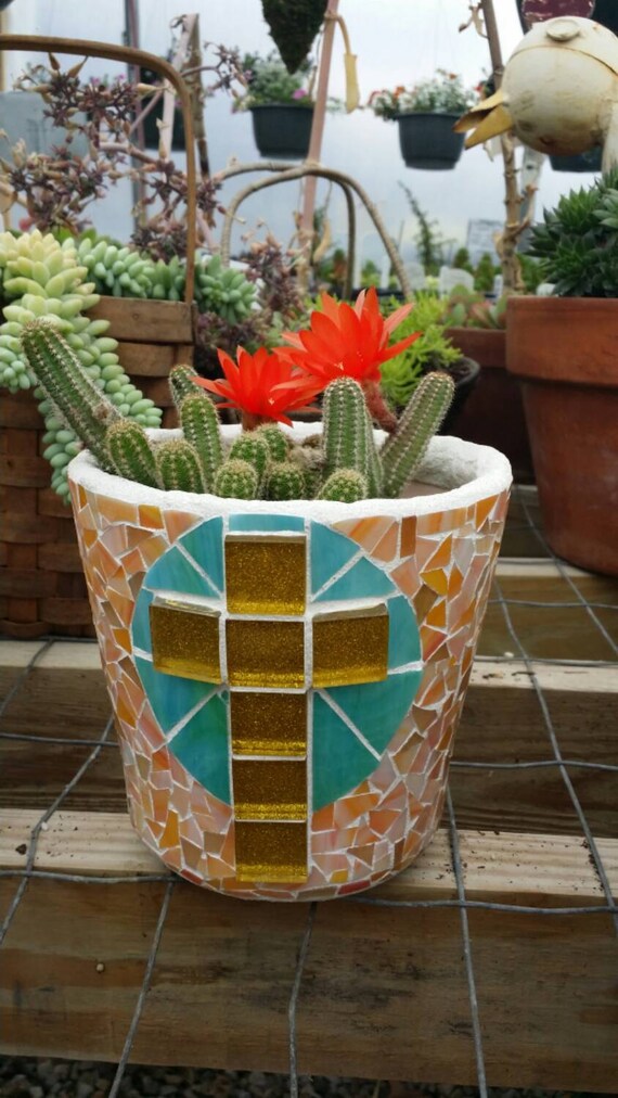 Mosaic Flower Pot Stained Glass Cross Mosaic by MagicalMosiacs