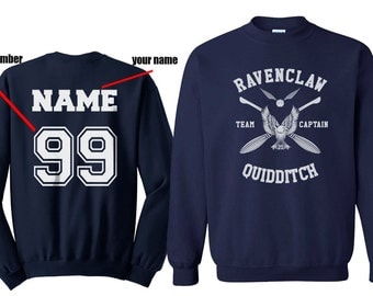 CAPTAIN - Custom back Ravenclaw Quidditch team Captain WHITE print on Navy Crew neck Sweatshirt