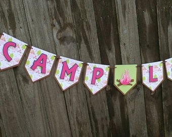 Glamping Birthday Banner, Girls Camping Birthday, Camping Banner, Camping Birthday Decorations, Pink Camping Party, Glamping Party