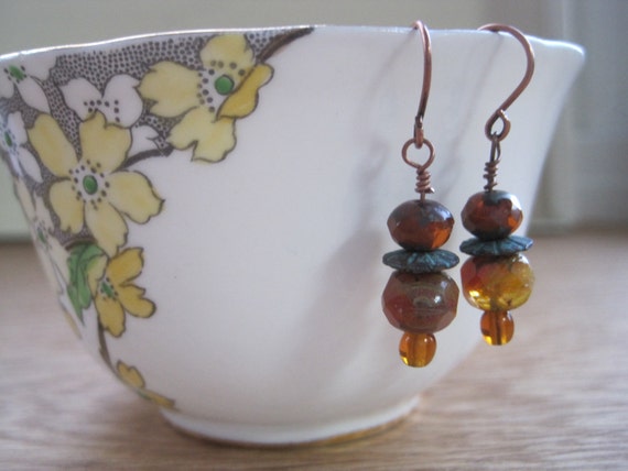 Czech glass earrings, boho style earrings, patina spacer, caramel and pumpkin beads, rustic earrings, earthy beads