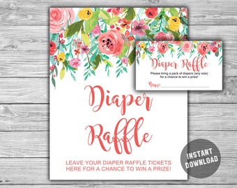 Pink Floral Baby Shower Diaper Raffle Tickets & Diaper Raffle Sign - Printable - Instant Download - DIY - Shabby Chic Baby Shower - 087