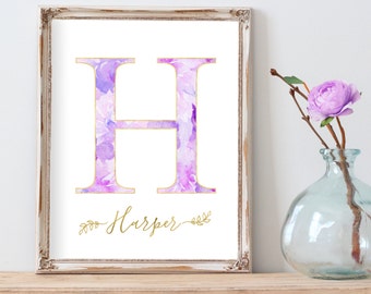 Floral Nursery Print, Baby Girl Gift, Baby Name Art, Monogram Nursery Art, Modern Nursery Art, Nursery Gallery Wall, Purple Nursery Decor
