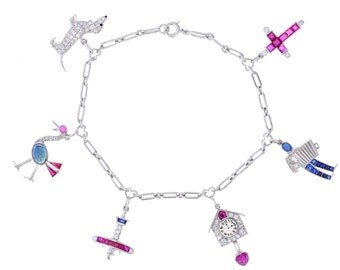 1930s Art Deco Sapphire Ruby Diamond Platinum Charm Bracelet