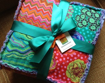 Kaffe Fassett Rag Quilt Throw, Purple, Teal, Pink, Orange, Minky Quilt