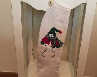 Vintage Handmade Christmas Stocking - Snowman On Cotton