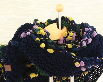 Blue shawl with pompons made in loom-Blue and pompons loom shawl