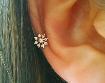 CZ Snowflake cartilage earring, simple cz barbell, mini snowflake stud, small tragus earring, conch stud, tiny snowflake cartilage earring