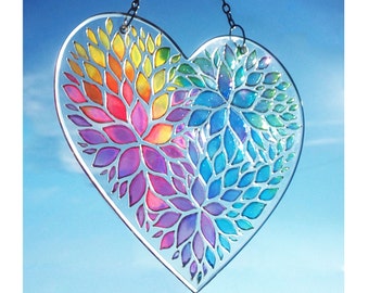 Hand painted glass Rainbow Heart, Valentines Day gift, Window Hanging Gift, stained glass suncatcher, heart suncatcher, painting on glass