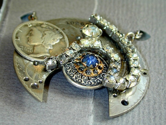 Upcycled OOAK Steampunk watchworks rhinestone dime necklace by whimsandbrims steampunk buy now online