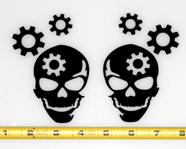 Gear Head Skull and Gears 2 HQ Black Vinyl Decals 4.5 x 3.1