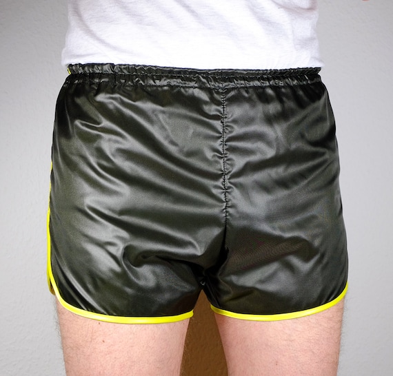 Items similar to retro 80s shiny nylon shorts for men oliveblack 4656