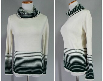 SALE! 50% OFF| Vintage Womens 1970s Center Stage Cream Cowl Neck Sweater with Green Horizontal Stripes | Size S/M