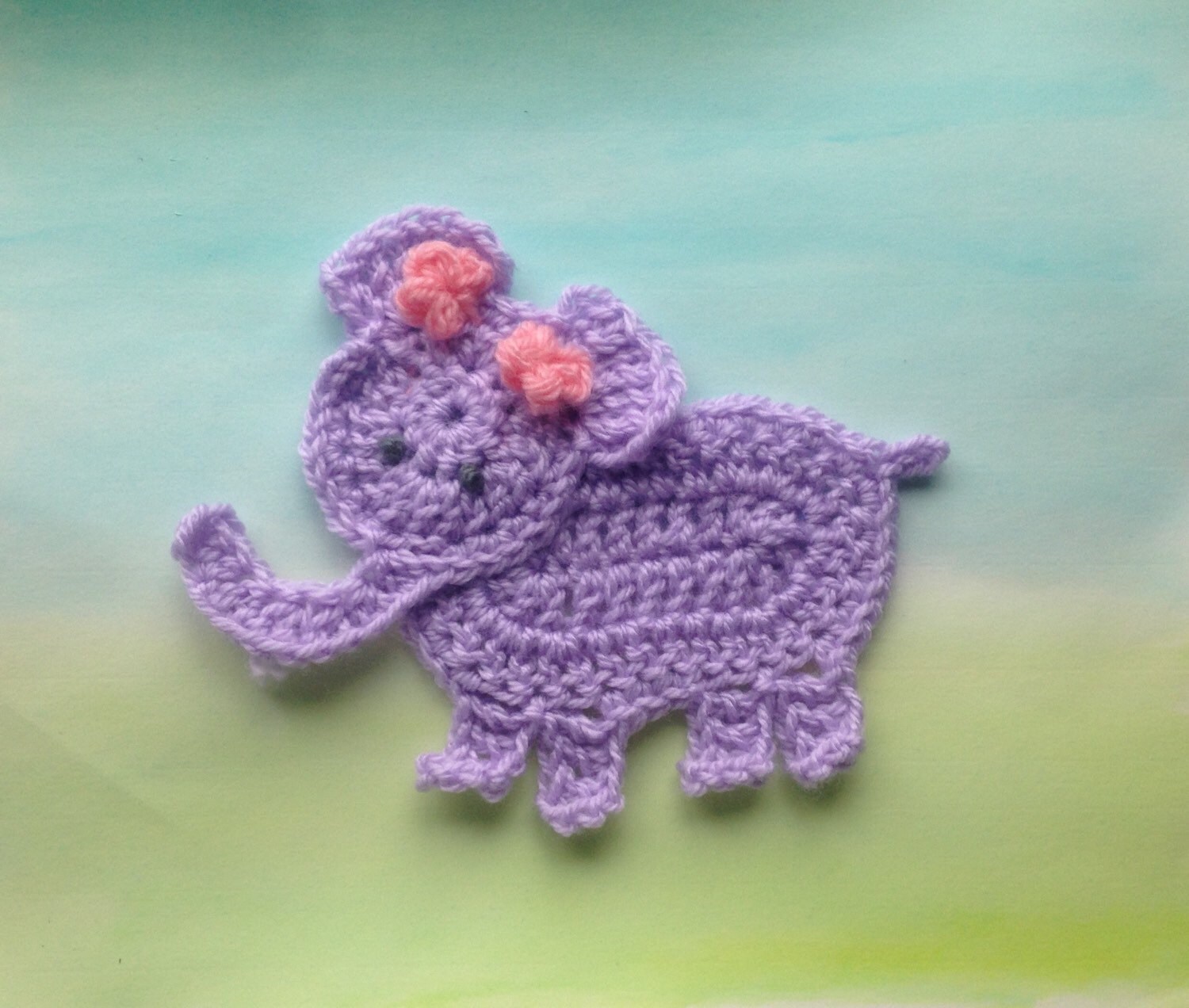 Crochet elephant applique with flowers lavender baby