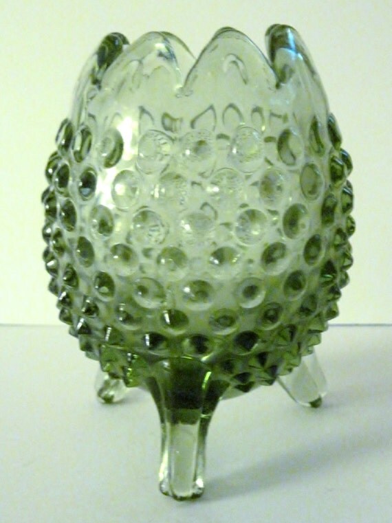 Fenton Three Leg Hobnail Egg Vase VTG. Green