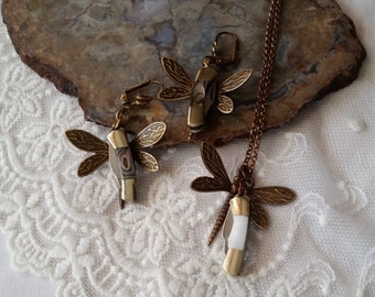 Miniature Knife Earrings, Dragonfly Knife Jewelry, Vintage Style, Tiny Knife Necklace, Dragonfly Knife Pendant, Nature Knife