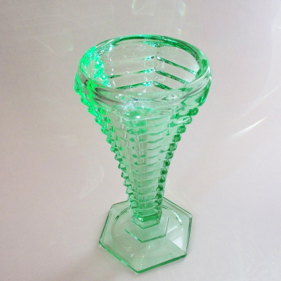 Art Deco green pressed glass vase by RitazRetro on Etsy