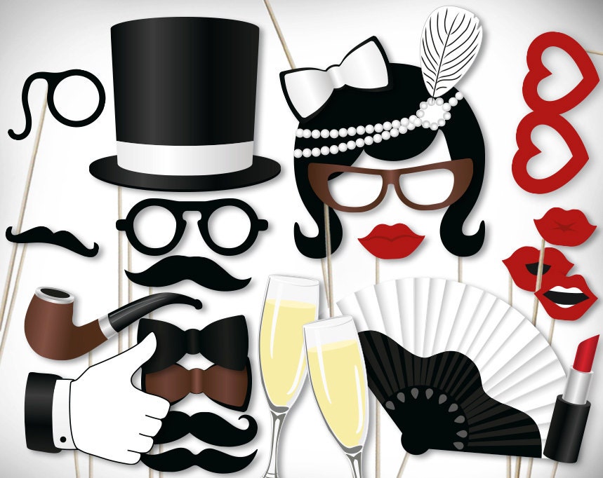 Vintage photo booth props printable PDF. Classic roaring 20s