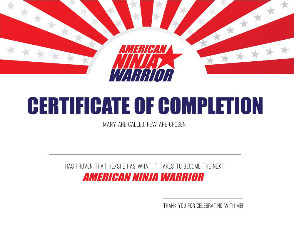 AMERICAN NINJA WARRIOR Certificate of Completion diy printable