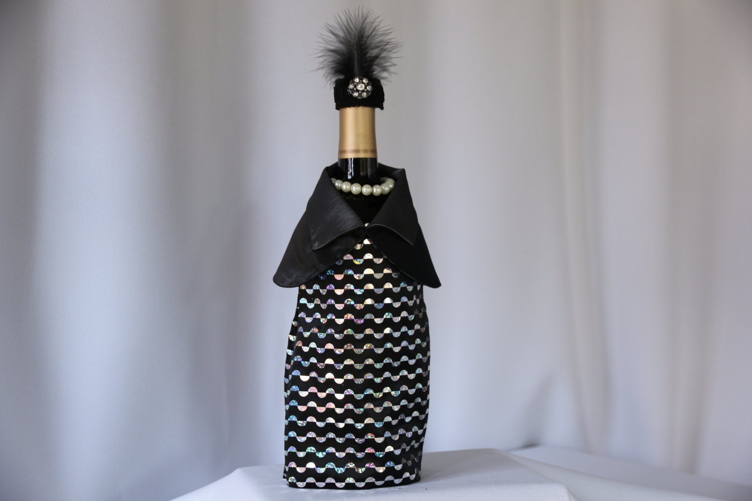 Black and Silver Evening Dress with Black satin Stole Wine