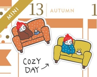 P008-Cozy couch planner stickers, snuggle stickers, sick day stickers, coffee stickers, hot chocolate, rainy day, 20 stickers, MINI size
