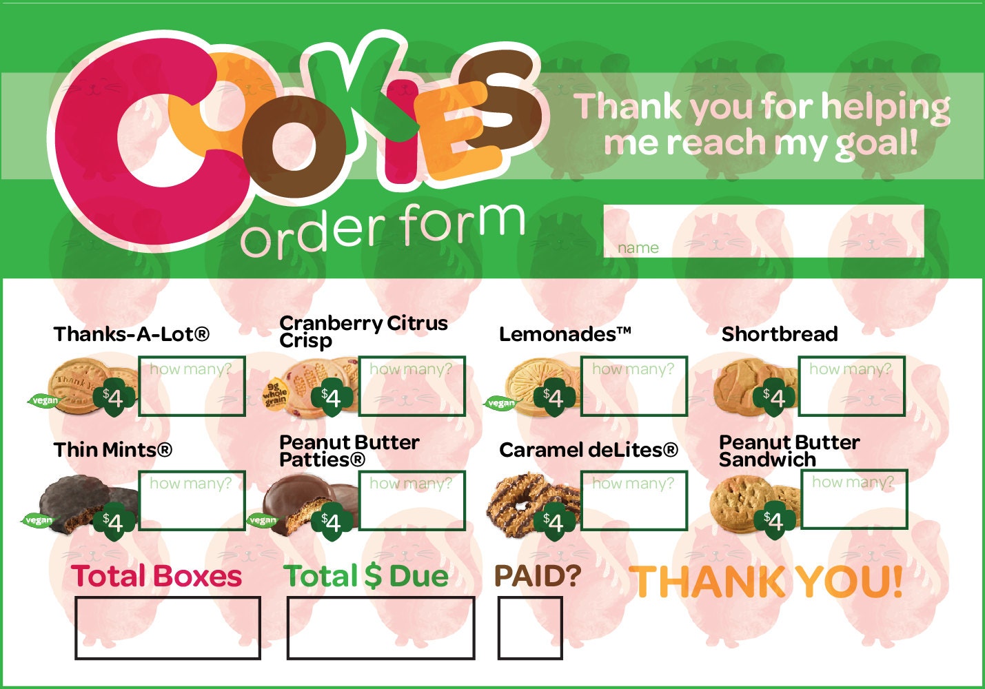 Printable Girl Scout Cookie Order Card Thank By KittyOlimpix