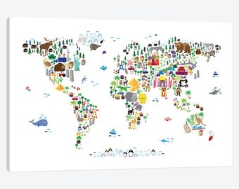 Animal Map of The World, Beautiful Gallery Style Canvas Print Cute children infant newborn Baby Decor Colorful Ready to Hang Nursery Artwork