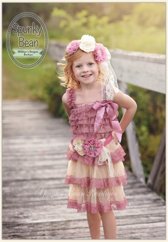 Flower Girl Lace Dress Mauve and Ivory Rustic Vintage Girl