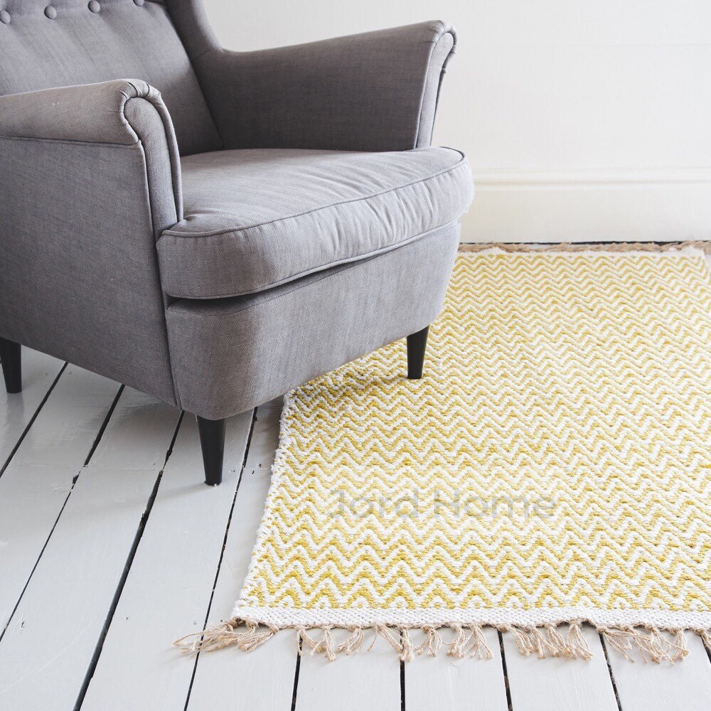 Mustard Yellow Geometric Chevron Rug / Handwoven Cotton / The