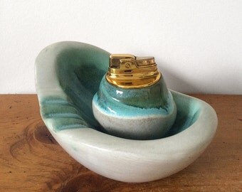 30% OFF w/COUPON CODE "FLIRTY30" - Rare, Vintage, Canadian Made, Mid-Century Modern, Pottery, Turquoise, White Ceramic, Ashtray &Lighter Set