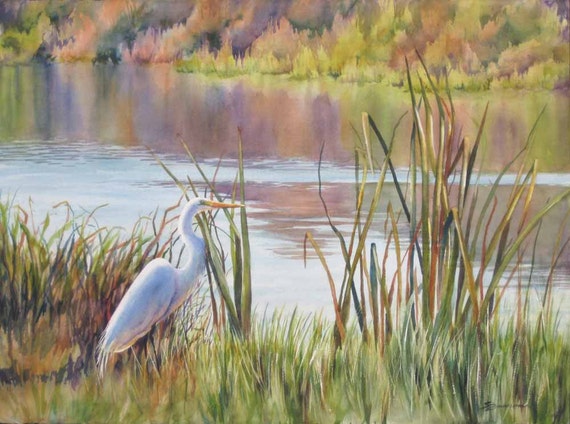 landscape art egret in a marsh marsh painting watercolor