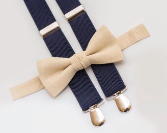Champagne Bow Tie & Navy Blue Suspenders, Wedding Boys Bow Tie, Ring Bearer Outfit