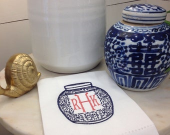 Chinoiserie Style Ginger Jar Embroidered Linen Guest Towel
