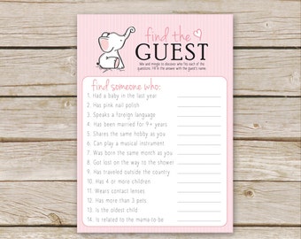 Pink Elephant Baby Shower Find the Guest Game - Printable Download - Pink Girl Baby Shower Game
