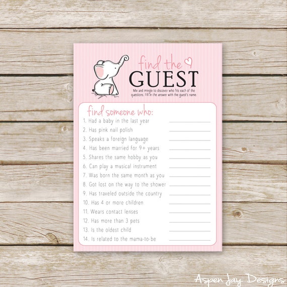 Pink Elephant Baby Shower Find the Guest Game Printable