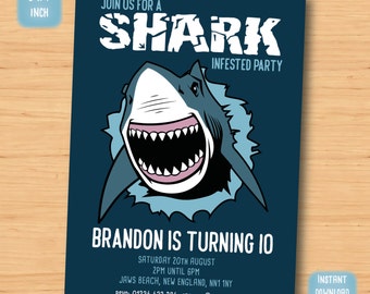 Shark birthday invitation - SELF EDITABLE PDF - 5 x 7 inch Customisable shark Printable Birthday Party Invite - Instant Download