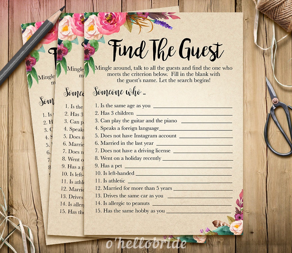 Find The Guest Bridal Shower Game Printable Bohemian Bridal